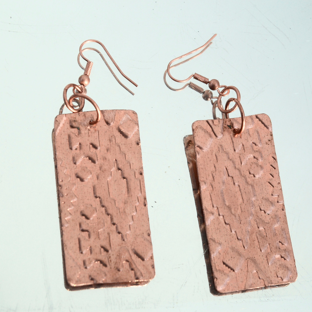 Solid Copper Earrings Boho Tribal Handmade Embossed Southwestern Western Aztec - Picture 6 of 6